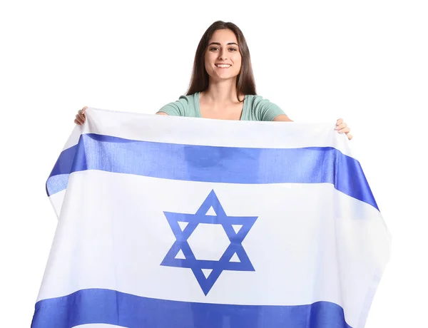 Młoda Kobieta Flagą Izraela Białym Tle — Zdjęcie stockowe