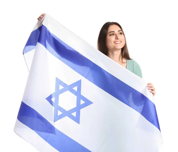 Young Woman Flag Israel White Background — Stock Photo, Image