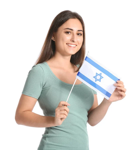 Ung Kvinna Med Flagga Israel Vit Bakgrund — Stockfoto