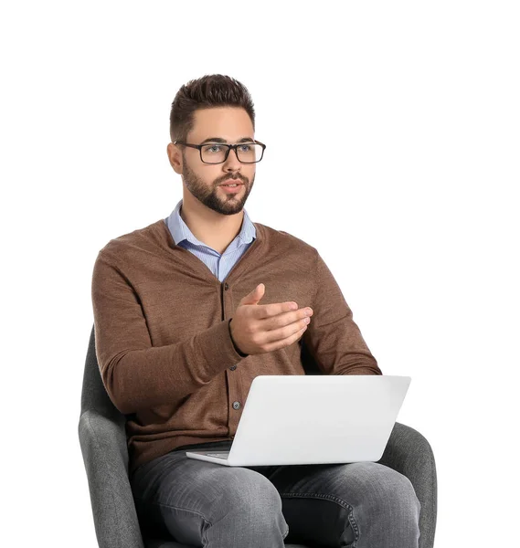 Male Psychologist Laptop Sitting Armchair White Background — Stock Photo, Image