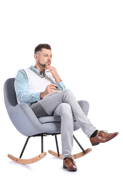Psicólogo Masculino Sentado Sillón Sobre Fondo Blanco — Foto de Stock