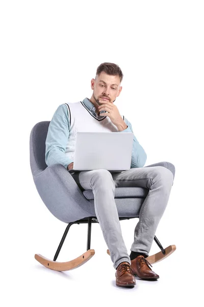 Male Psychologist Laptop Sitting Armchair White Background — Stock Photo, Image