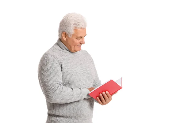 Volwassen Man Met Boek Witte Achtergrond — Stockfoto