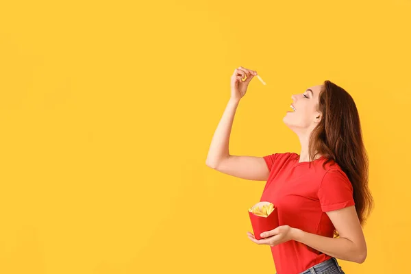 Young Woman French Fries Color Background — Stock Photo, Image