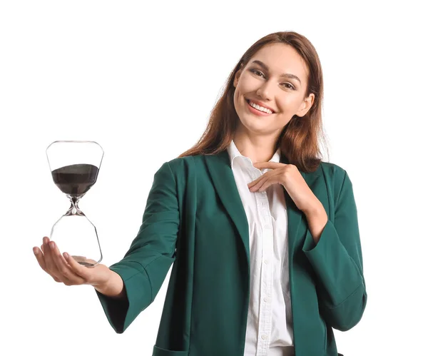 Young Businesswoman Hourglass White Background — Stock Photo, Image