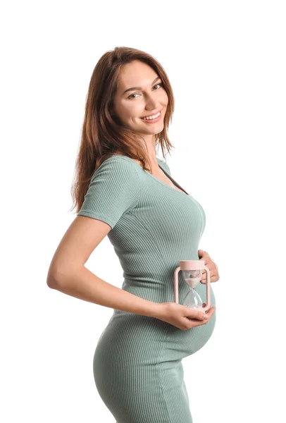 Молодая Беременная Женщина Песочными Часами Белом Фоне — стоковое фото