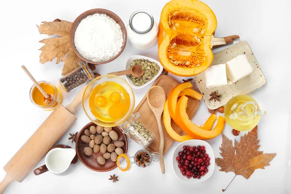 Ingredients Preparing Pumpkin Pie White Background — Stock Photo, Image