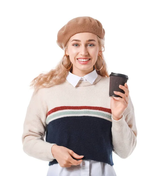 Mulher Bonita Roupas Outono Com Café Fundo Branco — Fotografia de Stock