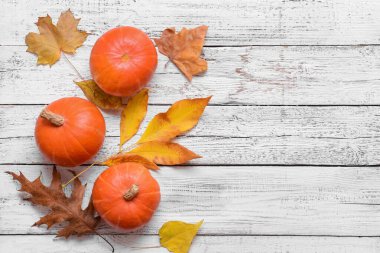 Beyaz ahşap arka planda güzel sonbahar kompozisyonu