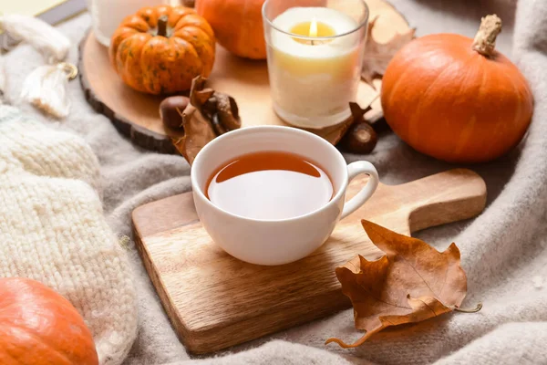 Cup Tea Aroma Candle Autumn Leaves Plaid — Stock Photo, Image