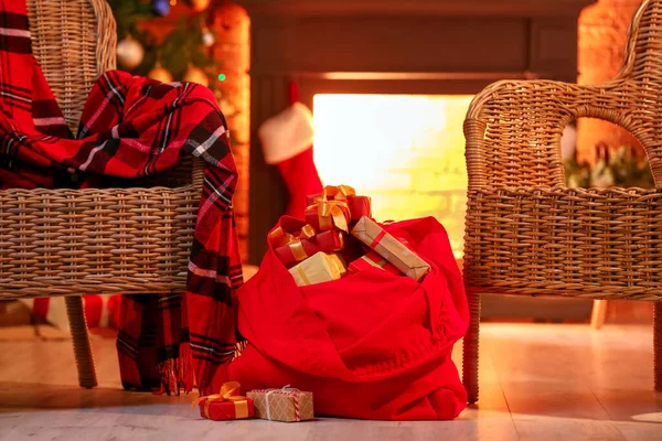 Interior Living Room Wicker Armchairs Santa Bag — Stock Photo, Image