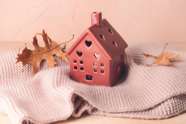 Figure House Autumn Leaves Warm Scarf Table Concept Heating Season — Stock Photo, Image