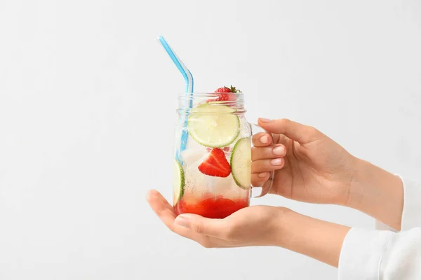 Woman Holding Jar Fresh Strawberry Lemonade White Background — Stock Photo, Image