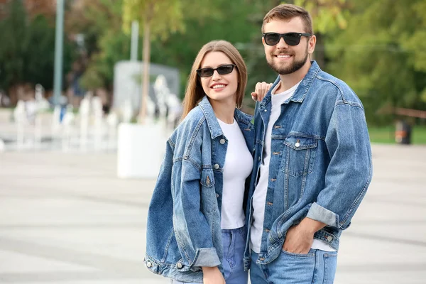 Young Couple Stylish Sunglasses Outdoors — Stock Photo, Image