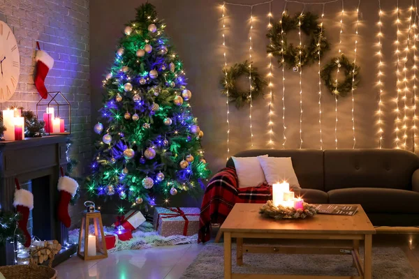 Interiér Obývacího Pokoje Zdobený Vánocům — Stock fotografie