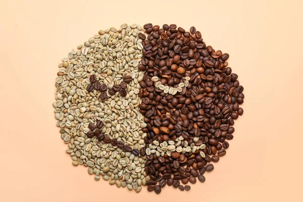 Face made of green and roasted coffee beans on color background