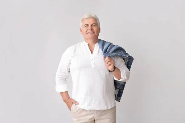 Stylish Senior Man Grey Background — Stock Photo, Image