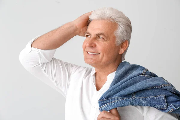 Stylish Senior Man Grey Background — Stock Photo, Image