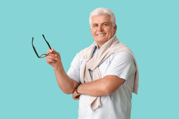 Stylish Senior Man Color Background — Stock Photo, Image