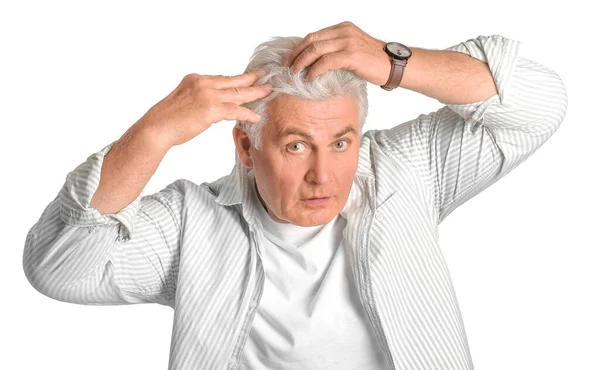 Stylish Senior Man Grey Hair White Background — Stock Photo, Image