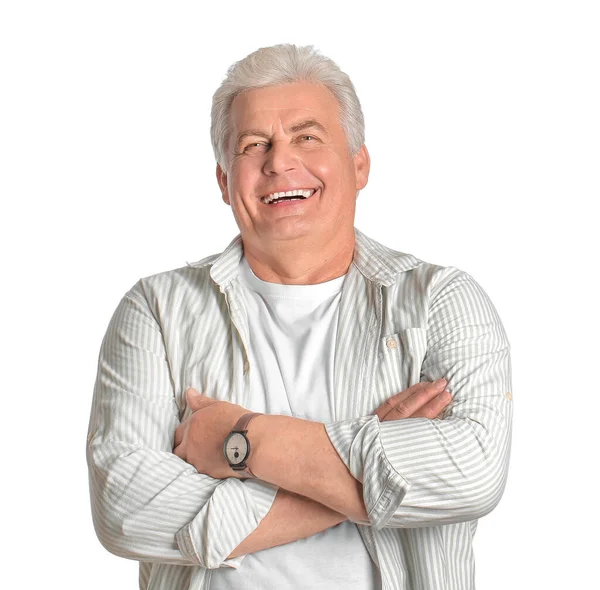 Šťastný Senior Muž Bílém Pozadí — Stock fotografie