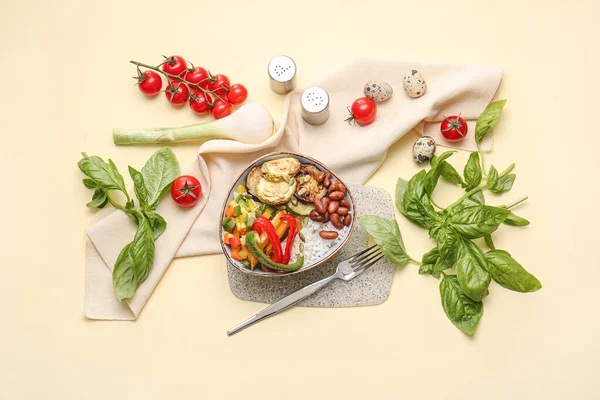 Plate Delicious Rice Salad Vegetables Light Background — Stock Photo, Image