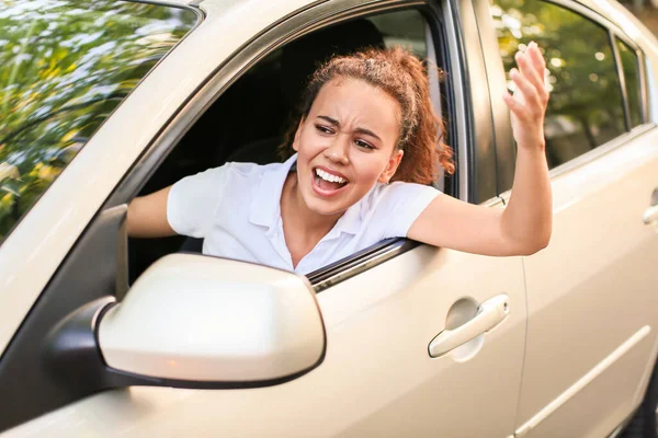 Stressed African American Woman Car Traffic Jam — Stock Photo, Image