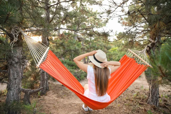 Beautiful Young Woman Relaxing Hammock Outdoors — Stock Photo, Image