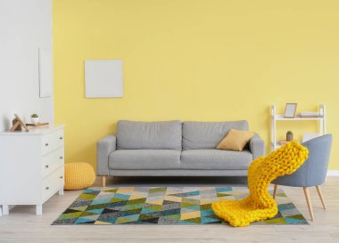 İçinde kanepe, koltuk ve ekose kumaş olan modern bir oda.