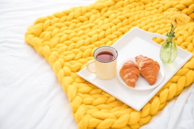 Yatakta lezzetli kahvaltı tepsisi