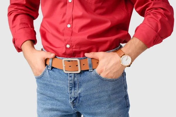 Young Man Wristwatch Light Background — Stock Photo, Image