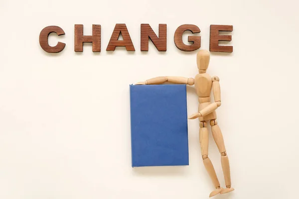 Wooden mannequin with word CHANGE on white background