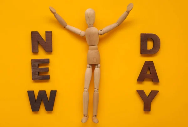 Wooden Mannequin Text New Day Color Background — Stock Photo, Image