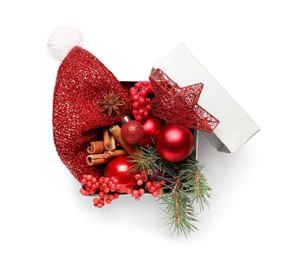 Box Beautiful Christmas Decorations White Background — Stock Photo, Image
