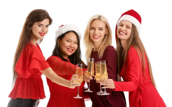 Jovens Mulheres Com Copos Champanhe Fundo Branco Feliz Ano Próximo — Fotografia de Stock