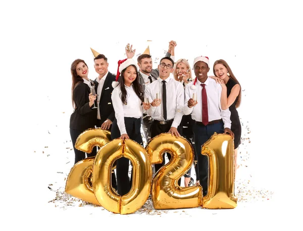 Young People Glasses Champagne Air Balloons White Background Happy Year — Stock Photo, Image