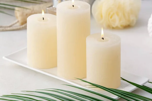 Beautiful Aroma Candles Table Bathroom — Stock Photo, Image