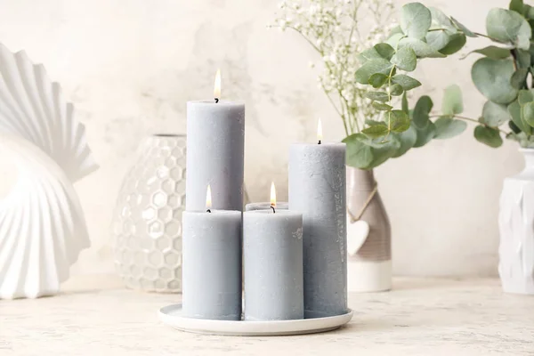 Beautiful Aroma Candles Grey Background — Stock Photo, Image