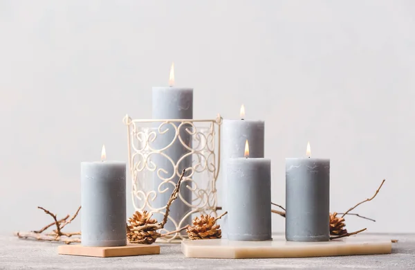 Beautiful Aroma Candles Grey Background — Stock Photo, Image