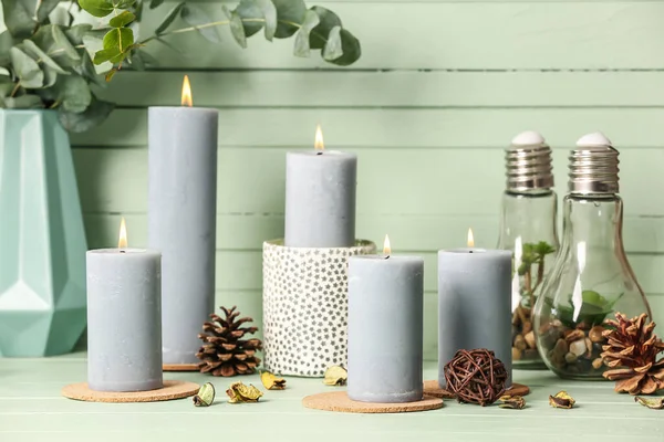 Beautiful Aroma Candles Wooden Background — Stock Photo, Image