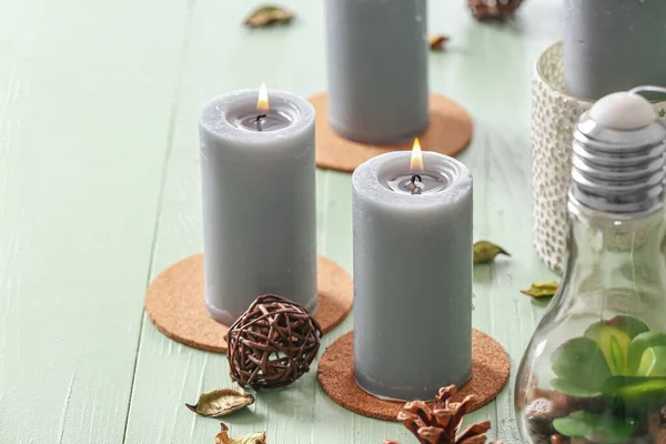 Beautiful Aroma Candles Wooden Background — Stock Photo, Image