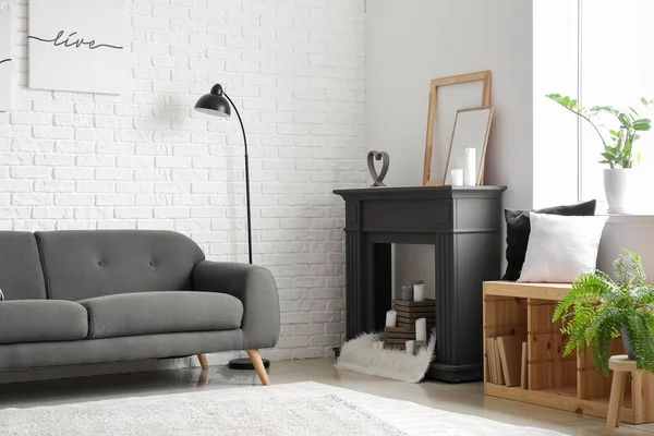 Interior Modern Living Room Fireplace Sofa — Stock Photo, Image