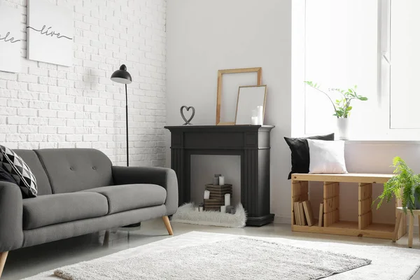 Interior Modern Living Room Fireplace Sofa — Stock Photo, Image