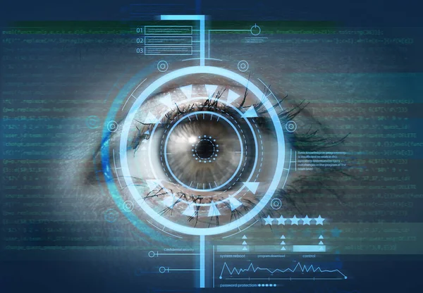 Mujer Joven Con Escáner Iris Primer Plano Concepto Ciberseguridad —  Fotos de Stock