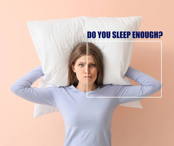 Comparative Portrait Woman Sleep Deprivation Problem Color Background — Stock Photo, Image