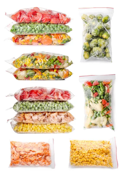 Collage Diferentes Verduras Congeladas Sobre Fondo Blanco —  Fotos de Stock