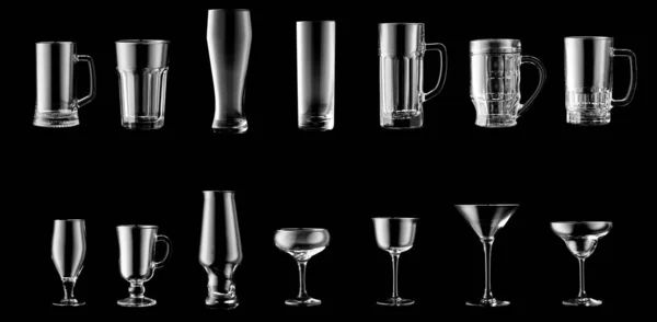 Collage Diferentes Vasos Vacíos Tazas Sobre Fondo Oscuro — Foto de Stock