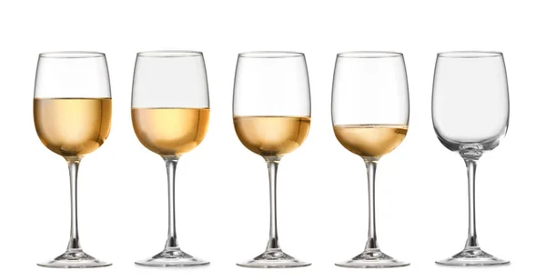 Bril Met Verschillende Hoeveelheden Wijn Witte Achtergrond — Stockfoto