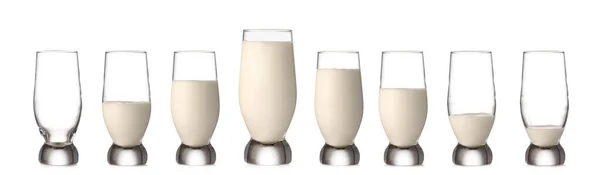 Glasses Different Amount Milk White Background — Stock Photo, Image