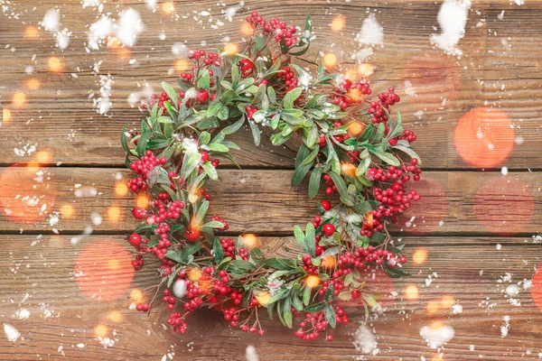 Beautiful Christmas Wreath Snow Wooden Background — Stock Photo, Image